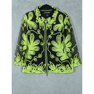 T & W Designs Mesh Jacket Womens L Black Green Ribbon Embroidery Zip-Up Artsy